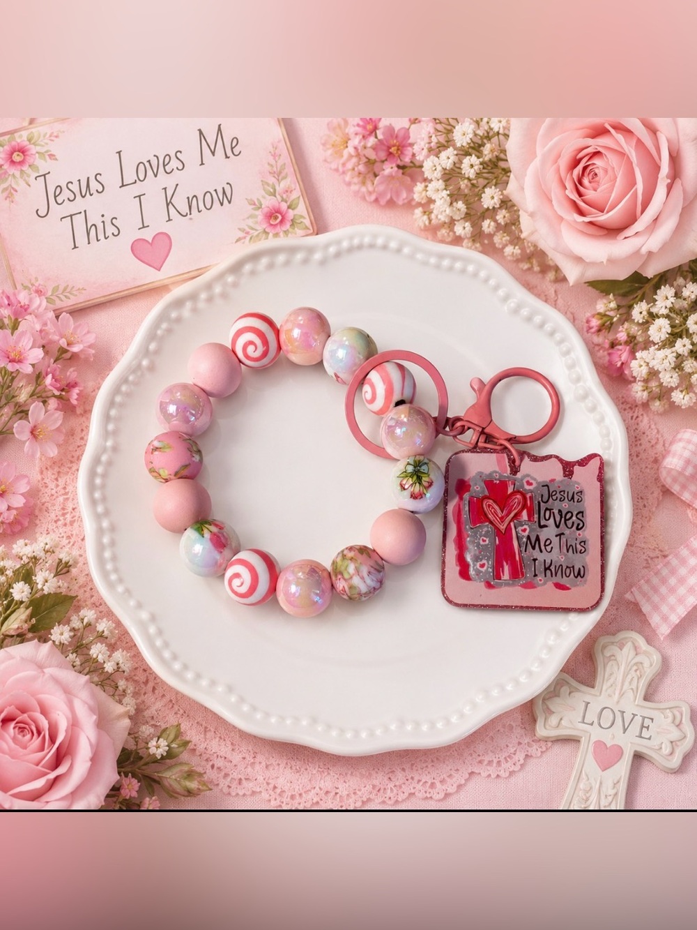 Hand Crafted Inspirational Floral Beaded Keychain w/Jesus Loves Me